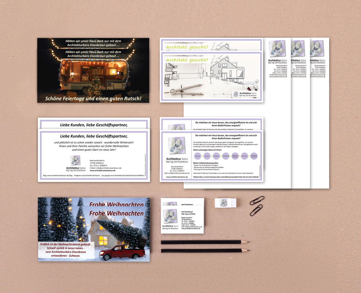 Printprodukte: Weihnachtskarten, Flyer, Visitenkarten, Briefpapier für das Architekturbüro Eisenbraun