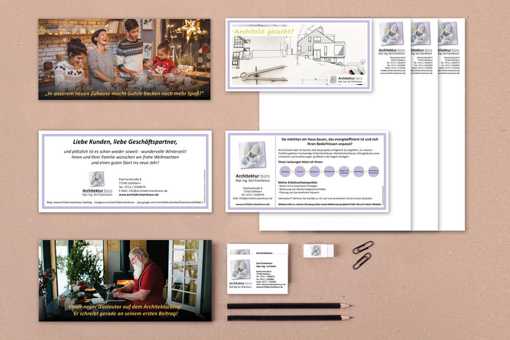 Auswahl von Printprodukten des Architekturbüro Eisenbraun. Konzipiert von Vera Eisenbraun gemäß des Corporate Designs.