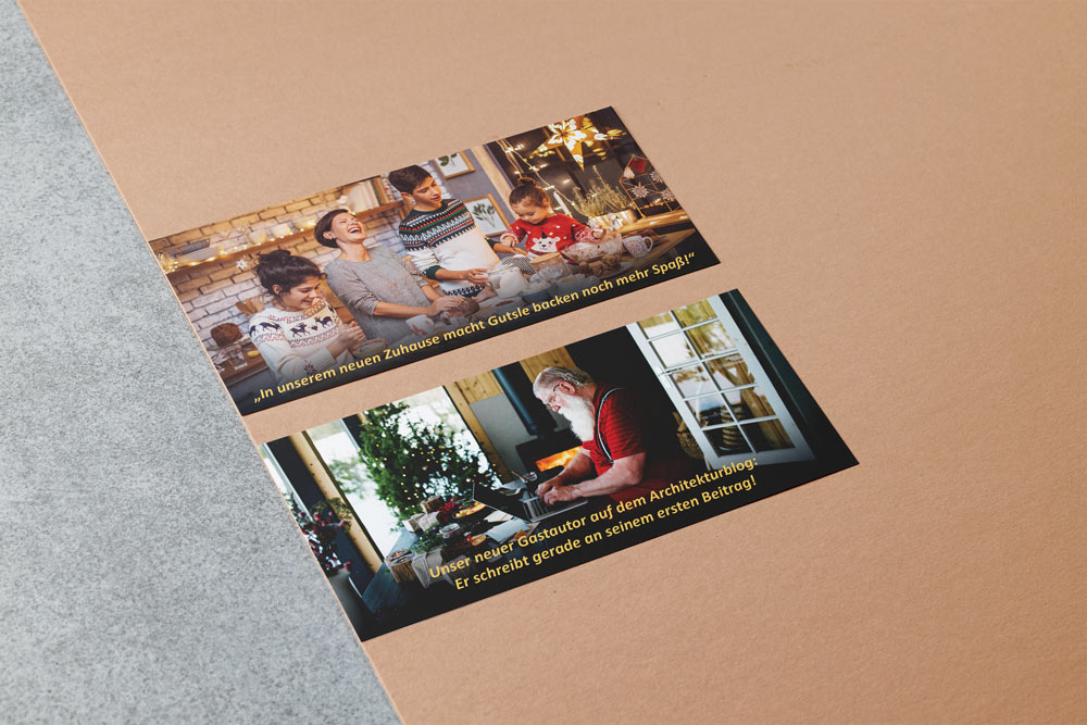 Weihnachtskarten für das Architekturbüro Eisenbraun und Eisenbraun Immobilien mit dem Thema "Zuhause". Die Karten zeigen eine Frau mit Ihren Kindern beim Backen sowie einen Weihnachtsmann beim Bloggen vor einem Schwedenofen.